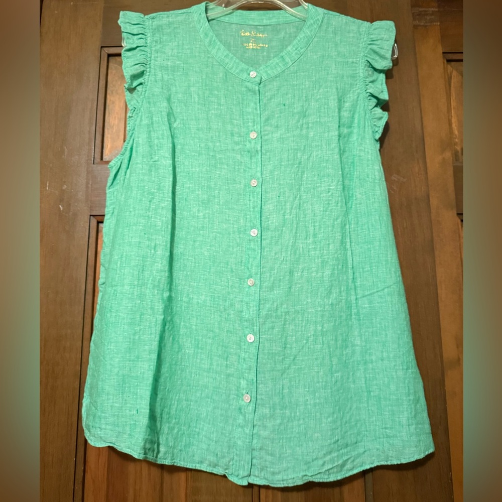 Lilly Pulitzer Green Ruffle Sleeve Linen Blouse